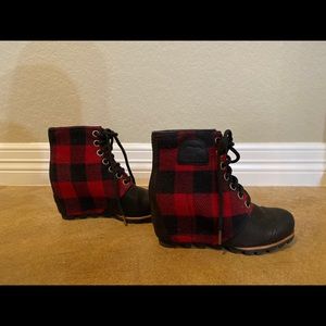 Sorel Buffalo Plaid PDX wedge booties